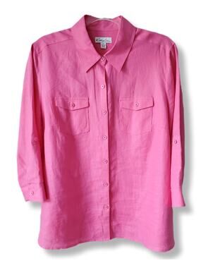 Women Pink Linen Classic Button Blouse Shirt PL Preppy Coastal Career Natural